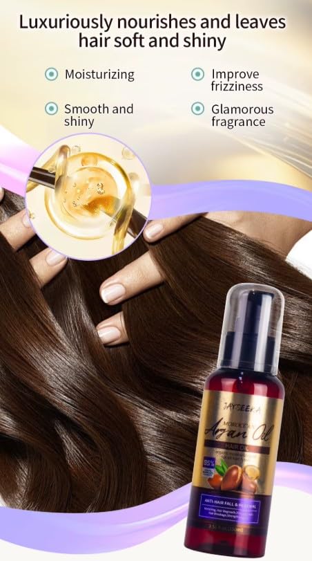 JAYSEEKA Moroccan Argan Oil Hair Treatment, Organic Moisturizing Oil for All Hair Types, Anti-Hair Fall and Renewal Formula, 3.51 fl oz