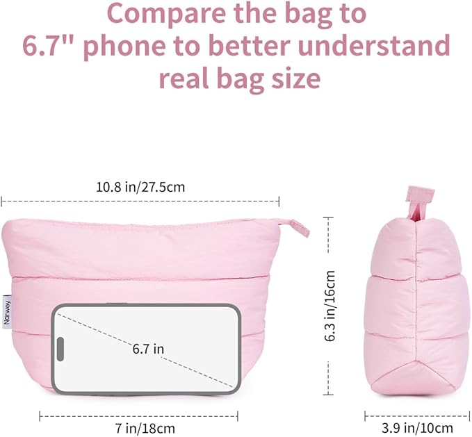 Narwey Travel Makeup Bag for Women Girl, Puffer Makeup Up Organizer Bag Cosmetic Bag, Puffy Cute Makeup Pouch Purse, Travel Toiletry Bag (Pink)
