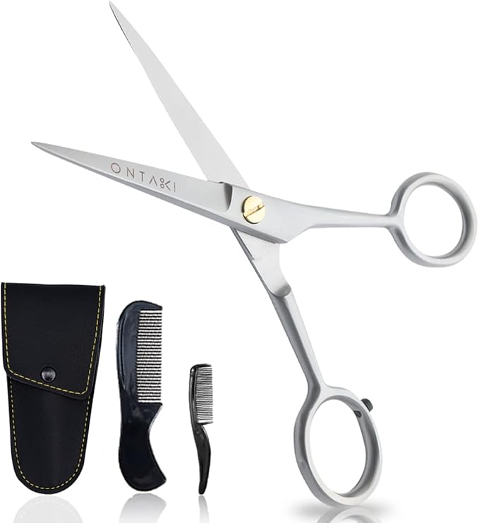 Ontaki Beard and Mustache Trimming Scissors & Combs for Men - 5" Silver