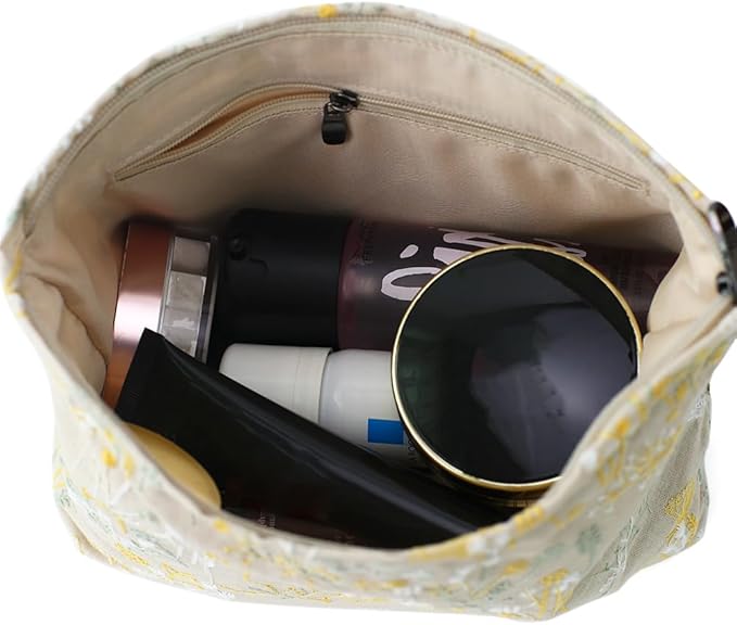 BBORGDC Floral Cotton Embroidered Makeup Bag - Large Capacity Cosmetic Pouch for Travel, Makeup Organizer & Toiletry Bag with Zipper, Perfect for Daily Use & Gifts