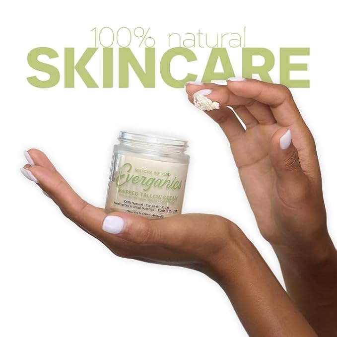 Everganics | Organic Matcha-Infused Whipped Tallow Cream for Skin | Grass-Fed Beef Tallow Natural Moisturizer for Face & Body | Made in USA | 4 oz (Large Size)