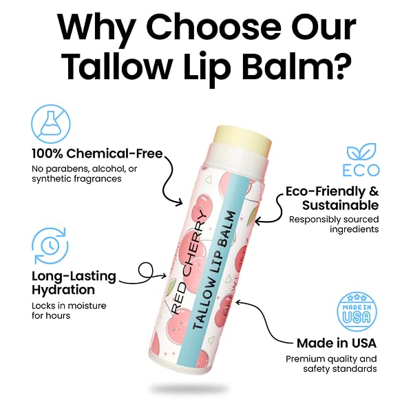 Tallow Lip Balm by Cattle Creek – All-Natural Ingredients, Long-Lasting Moisture and Hydration for Dry, Cracked, and Chapped Lips, Soothing Formula for Soft Skin (Pack of 3, Red Cherry)