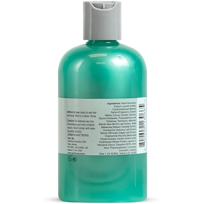 Anthony Invigorating Rush Men's 3 in 1 Shampoo Conditioner Body Wash, Hydrating Shampoo and Body Wash with Charcoal, Eucalyptus, Birch Leaf, Sea Kelp & Canadian Balsam, 12 Fl Oz