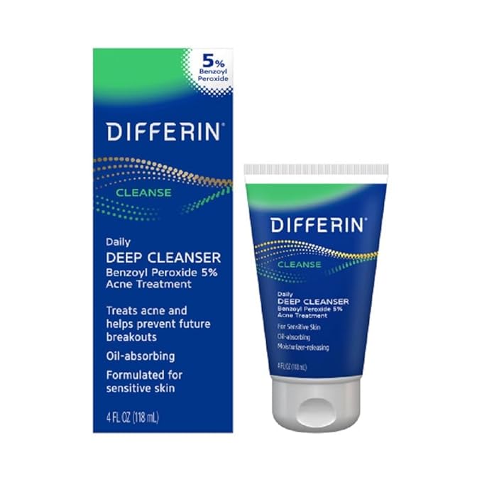 Differin Acne Face Wash, 5% Benzoyl Peroxide Daily Cleanser, 4oz