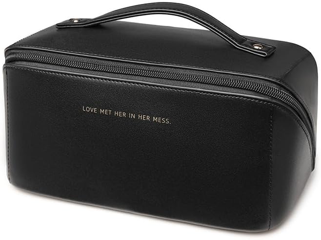zaleeta Travel Makeup Bag, Large Capacity Cosmetic Organizer Bags for Women, Waterproof PU Leather Toiletry Bags, Wide Open Flat Makeup Case with Divider and Handle