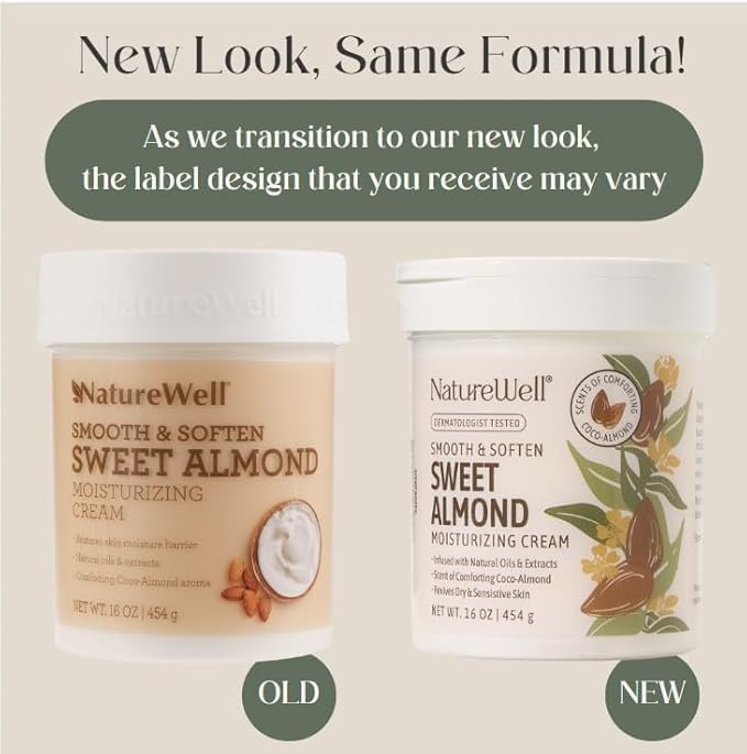 NATURE WELL Sweet Almond Body Cream, Moisturizing Cream for Dry & Sensitive Skin, Hydrating Body Moisturizer with Natural Oils & Extracts, Coco-Almond Scent, Dermatologist Tested, 16 Oz