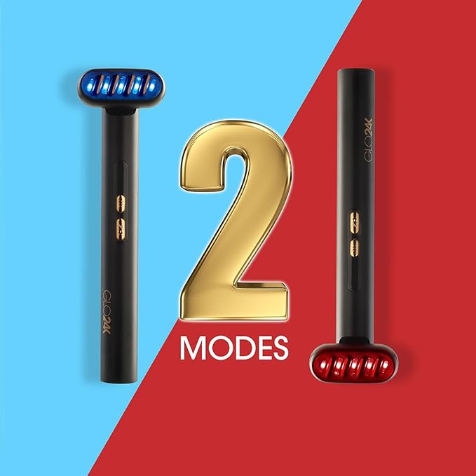 GLO24K 6-in-1 LED Beauty Wand for Face, Neck and Eye Area - Red & Blue LED Facial Wand with Gentle Warming, Vibration, Microcurrent Mode and 3 Intensity Levels