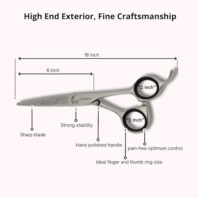 FOLELLO Right-Handed Hair Cutting Scissors – Stainless Steel Barber Shears with Ball Bearing Adjustment Screw – Grooming Tool for Men and Women