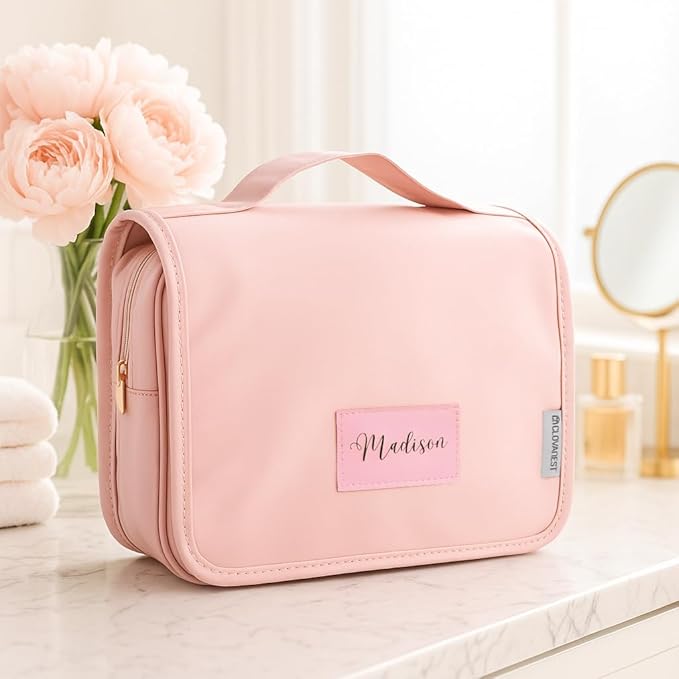 Personalized Vegan Leather Travel Toiletry Bag for Women, Water Resistant Hanging Toiletry Organizer with Hook, Custom Name Gift, Bridesmaid Wedding Travel Gift, Birthday Gift for Her, Mothers day