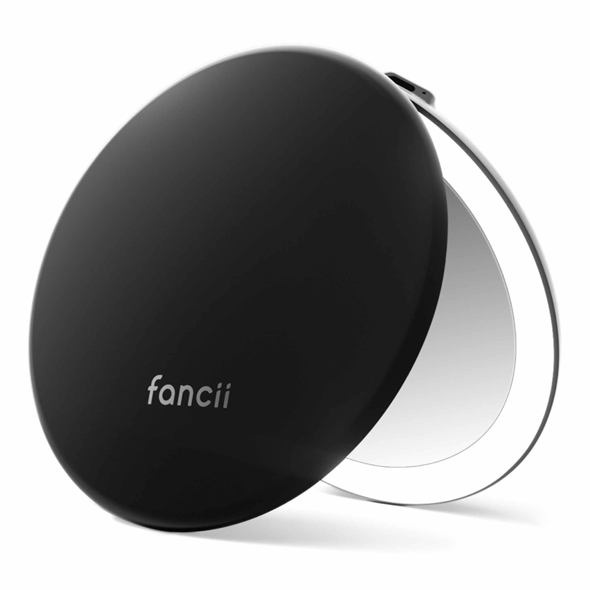 Fancii Taylor LED Lighted Travel Makeup Mirror, Rechargeable with 10x/1x Magnifying & 3 Light Settings - Compact, Portable, Large 5” Wide Hand Mirror for Handbag and Purses (Black)