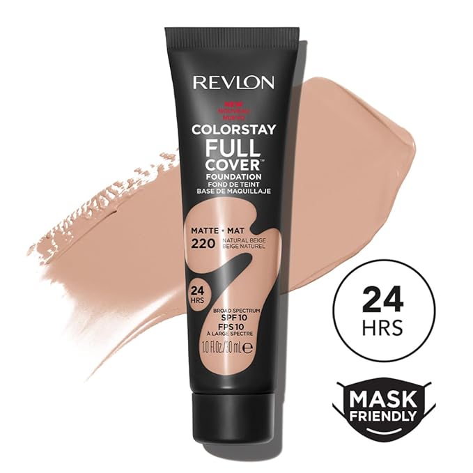 Revlon ColorStay Full Cover Longwear Matte Foundation, Heat & Sweat Resistant Lightweight Face Makeup, 220 Natural Beige, 1.0 fl oz