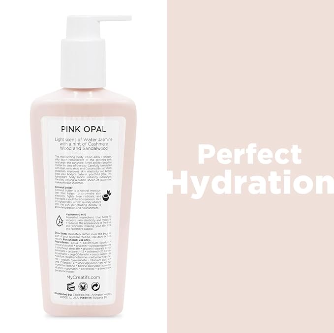 Cosmétiques Créatifs Pink Opal Moisturizing Shimmering Body Lotion with Coconut Butter and Hyaluronic Acid, 8.5 fl. oz.