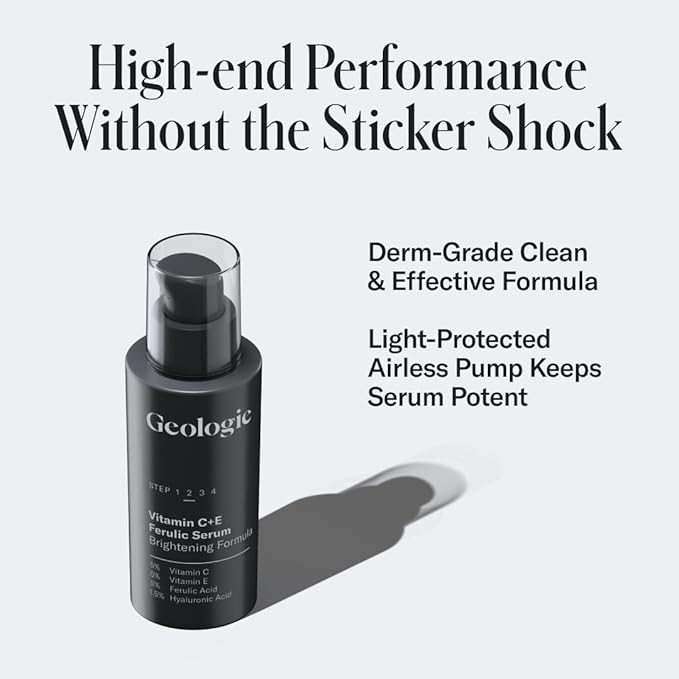 Geologie Vitamin C+E Ferulic Acid Face Serum | Brightening & Firming Anti-Aging Gel Formula | 5% Light-Protected & Stabilized Vitamin C, 0.5% Vitamin E, 1.5% Hyaluronic Acid | 30 ML