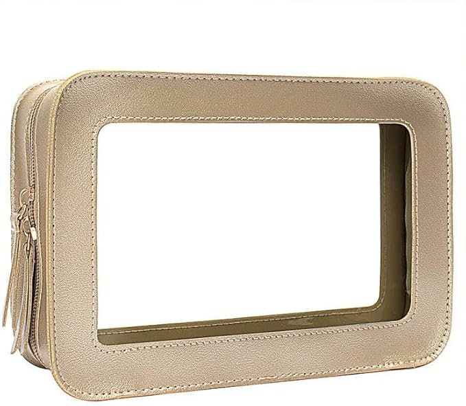 FFpaw Clear Makeup Bag, Gold Travel Makeup Pouch Toiletry Bag for Women Waterproof Small Cosmetic Bag Case Small Make Up Bag with Zipper Car Organizer Car Essentials for Women Men