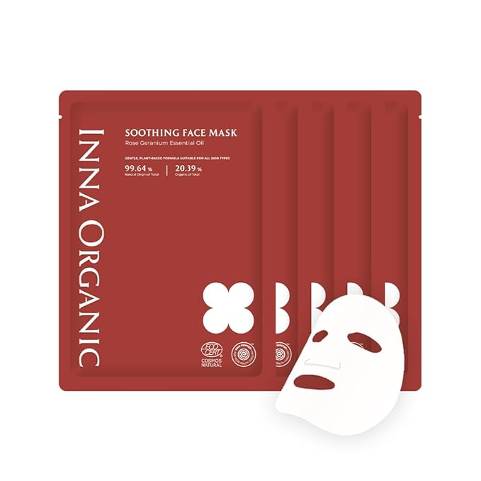 INNA ORGANIC Organic Sheet Mask - After Sun & Self Love, EWG & COSMOS Certified (Pack of 5) | Rose Geranium Essential Oils Infused Skin Care | Luxury Clean Beauty