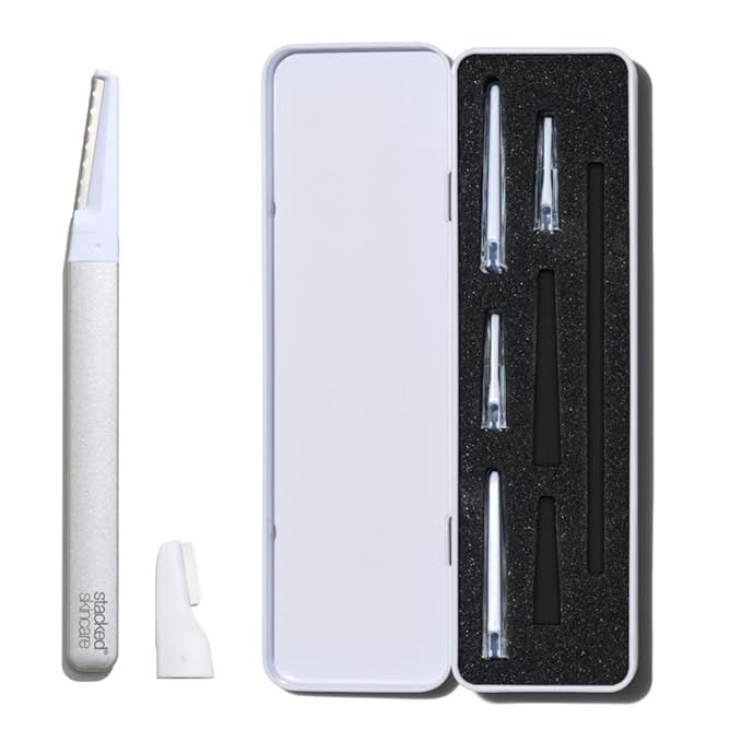 StackedSkincare Dermaplaning Kit for Face – At Home Exfoliation Tool with 3 Replacement Blades + 3 Precision Blades – Removes Dead Skin & Peach Fuzz for Smoother-Looking Skin