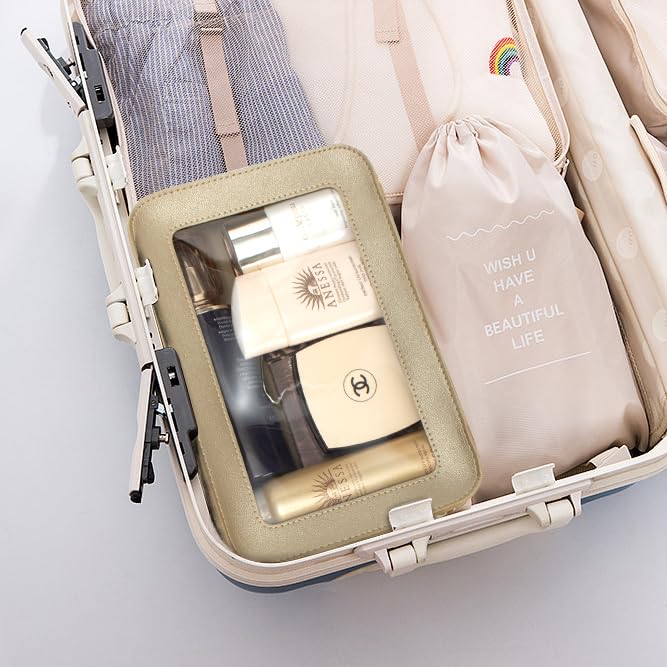 LETGO Clear Makeup Bags for Travel, TSA Approved Toiletry Bag with Zipper, Clear Cosmetic Organizer Fit Carry-on Beach Essentials for Women Men (O-Gold)
