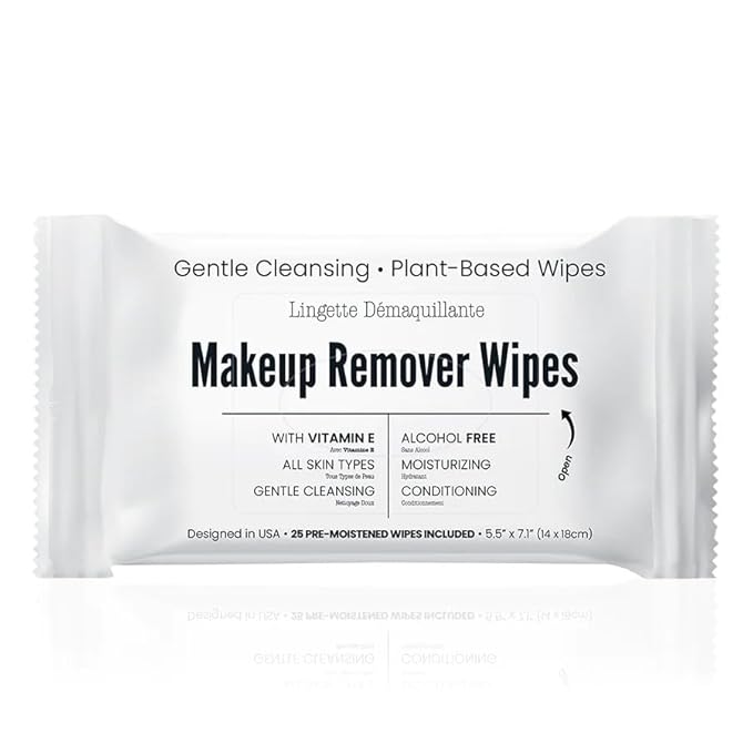 World Amenities Makeup Remover Wipes - Alcohol Free - Vitamin E Face Wipes for Sensitive Skin Comfort - Travel Friendly Facial Cleansing Wipes - 25 Count Bulk Pack