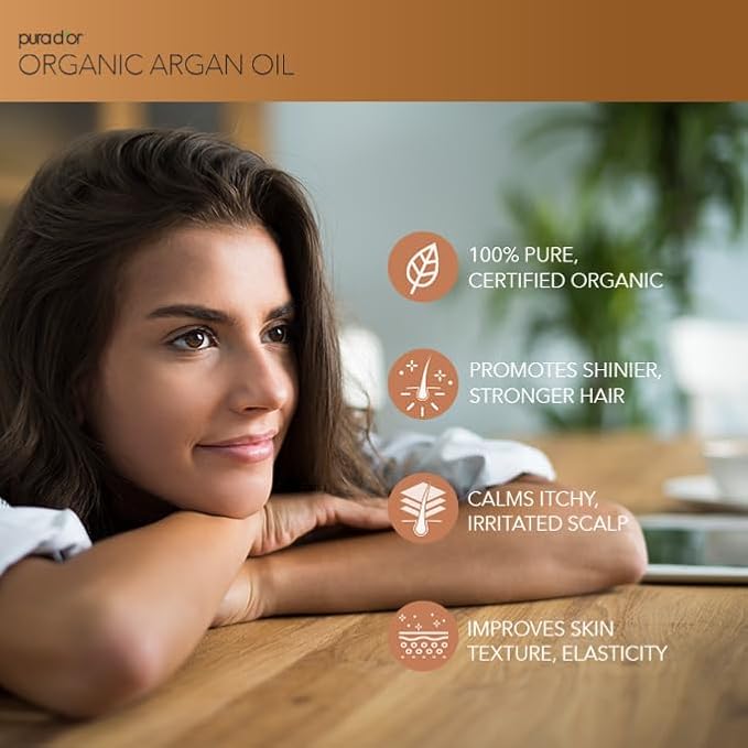 PURA D'OR USDA Organic Moroccan Argan Oil–100% Pure Cold-Pressed Virgin Grade–Treatment for Hair, Skin, Face, Body– Helps Dry Skin, Scalp Care, Split Ends, Nails & Cuticles 4 Oz - Ayurvedic Hair Care