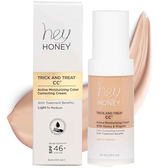 Hey Honey Trick and Treat CC Cream SPF 46 | Active Moisturizing Color Correcting Cream with Honey & Propolis | Best Cover For Skin Redness & Mature Skin | Cruelty-Free | 1 oz (Light-Medium)