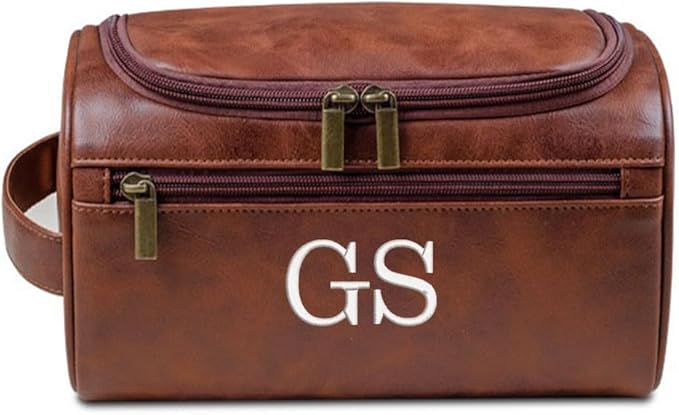 joyinaff Personalized Embroidery PU Leather Travel Toiletry Bag for Men,Stylish Travel Organizer for Travel, Wedding Gift,Customized Monogram Travel Shaving Dopp Kit for Groomsmen (Brown)