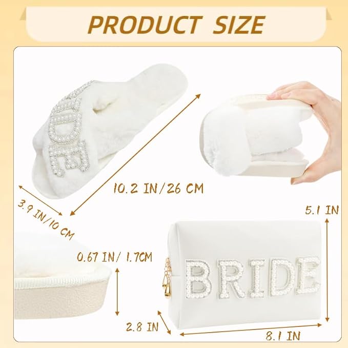 Kovewon Bridal Shower Gifts, Bride to Be Letter Makeup Bag with Pearl Rhinestone Fuzzy Bride Slippers Wedding Engagement Gifts for Her, Bachelorette gifts