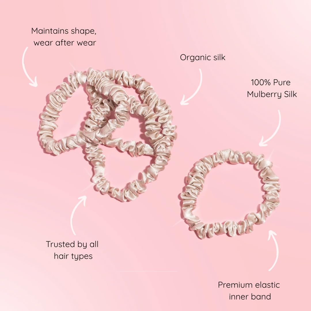 SILKIE x4 Set 100% Pure Mulberry Silk Black Brown Chocolate Pink Nude Neutral Skinny Scrunchies Travel Pouch Everyday Hair Ties Elastics Hair Care Ponytail Holder No Damage (Champagne)