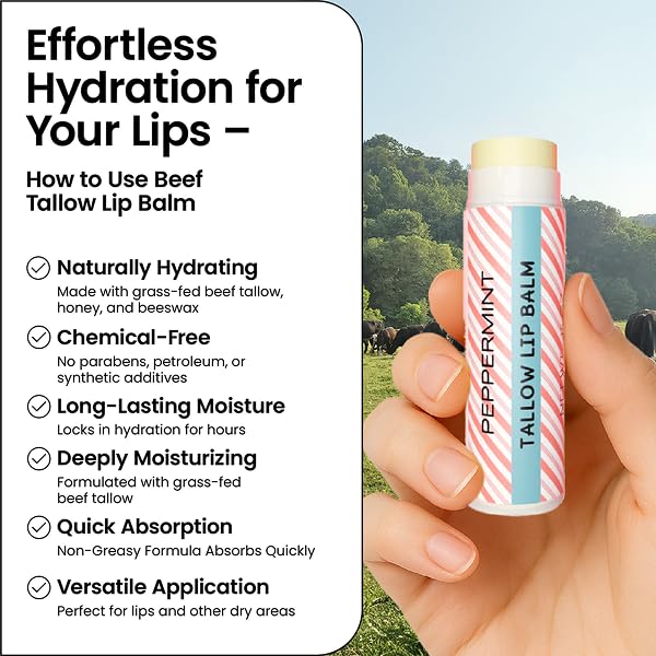 Tallow Lip Balm by Cattle Creek – All-Natural Ingredients, Long-Lasting Moisture and Hydration for Dry, Cracked, and Chapped Lips, Soothing Formula for Soft Skin (Pack of 3, Peppermint)