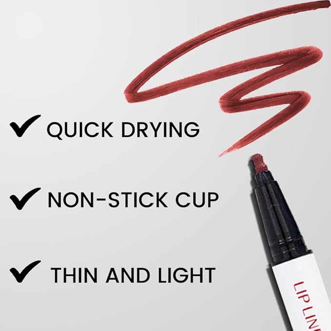 2Pcs Longwear Liquid Lip Liner Stain Marker Pen Set Long Lasting Waterproof, Dark Ruby Red Matte Semi Permanent 24 Hour Lip Liner and Lipstick Combo, Color Stay Lipliner All Day, Lips Stain peel off