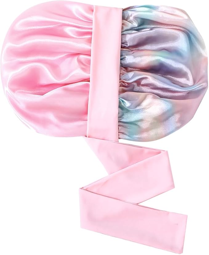 GDTOGRT Satin Silk Bonnet for Sleeping Women, Double Layer Sleep Hair Bonnets Caps for Curly Natural Hair with Tie Band - Aura