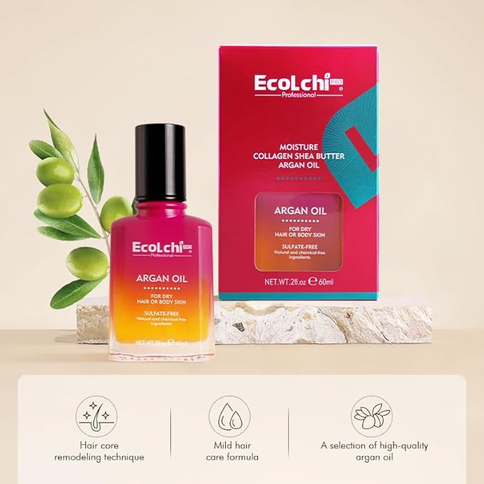 ECOLCHIPRO Argan Hair Oil Hair Serum Cold Pressed Weightless Vitamin E Argan Oil Hair Treatment for All Hair Types Dry Damaged Hair Body Skin 60ml