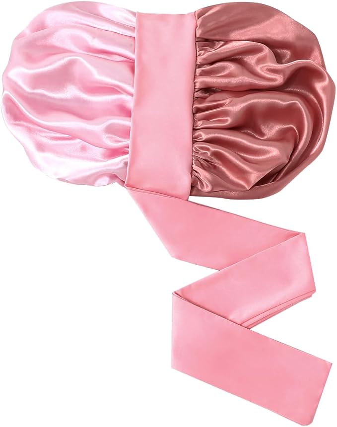 GDTOGRT Satin Silk Bonnet for Sleeping Women,Double Layer Sleep Hair Bonnets Caps for Curly Natural Hair with Tie Band - Pink