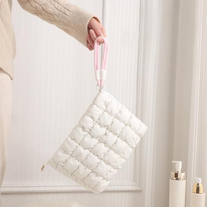 DOB SECHS Puffer Quilted Makeup Bag with Handle, Cute Puffy Cotton Cosmetic Bags for Women, Small Checkered Toiletry Zipper Pouch, Travel Essentials Storage Organizer Clutch Pouches Pencil Case, Khaki