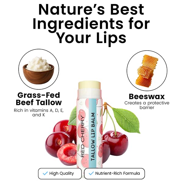 Tallow Lip Balm by Cattle Creek – All-Natural Ingredients, Long-Lasting Moisture and Hydration for Dry, Cracked, and Chapped Lips, Soothing Formula for Soft Skin (Pack of 3, Red Cherry)