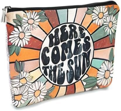 BARPERY Preppy Makeup Bags for Women,Trendy Retro Daisy Sunshine Makeup Bag Cute Floral Here Comes Summer Boho Inspirational Cosmetic Bag Gift for Teen Girls,Birthday Gifts for Women