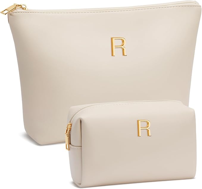 Women Gifts | Initial Makeup Bag Set for Girl Personalized Gifts for Bridesmaid Friend Graduation Teachers PU Leather Cosmetic Travel Toiletry Bag(Beige,R)