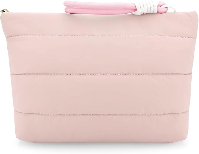 DOB SECHS Quilted Makeup Bag with Handle Detachable Cute Striped Puffy Cotton Cosmetic Bag for Women, Small Puffer Toiletry Zipper Make Up Pouch Clutch Bag Travel Organizer Storage Pouches Case, Pink