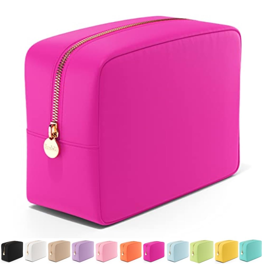 Embla Large Makeup Bag and Waterproof Nylon Travel Toiletry Bag, Large Capacity Cosmetic Zipper Pouch, Fuchsia Pink