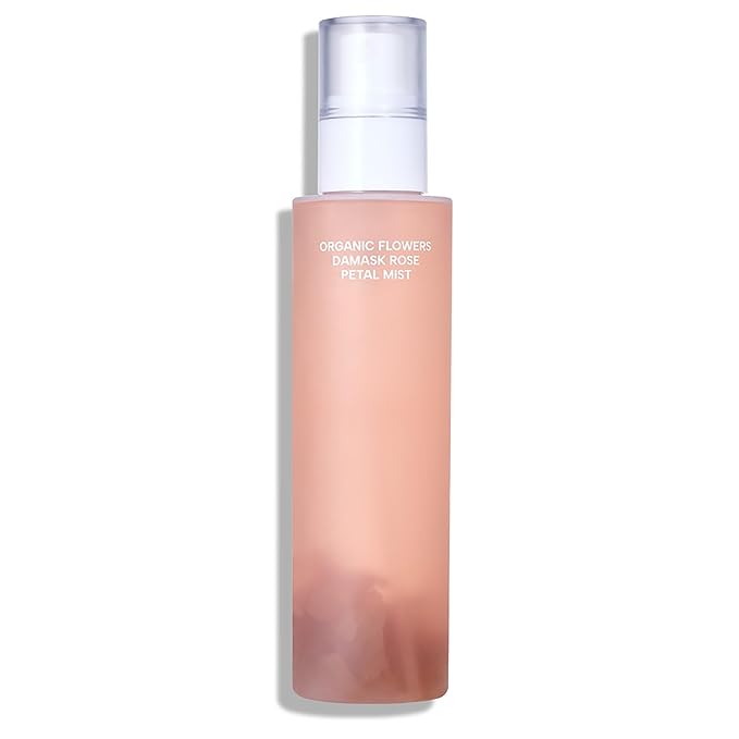 Whamisa Organic Flowers Damask Rose Petal Mist, Facial Mist Spray, Waterless Formula, Fermented Postbiotics, Hydration, Portable (100ml)