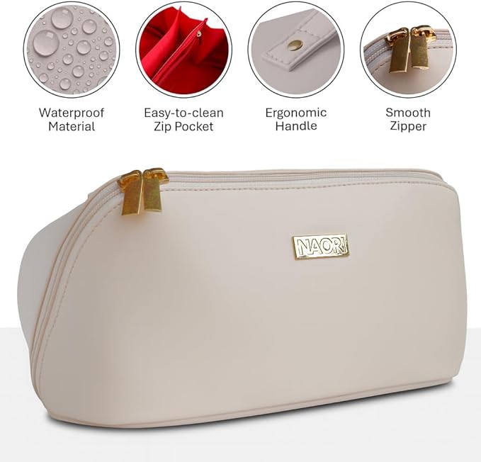 NAORI Travel Makeup Bag for Women | Large Luxury Cosmetic Organizer with Handle & Inner Pockets | Waterproof Faux Leather Toiletry Bag | Makeup Case for Home, Travel & Gifting (Creamy Beige)