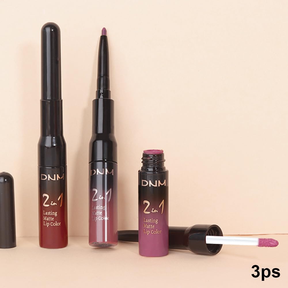 3Pcs 2 in 1 Dark Red Nuetral Mauve Red Brown Matte Lip Liner and Liquid Lipstick Stain Makeup Set for women, Long Lasting Smudge Proof Lip Tint Matte Finish Lip Gloss for All-Day Color Hold Set34