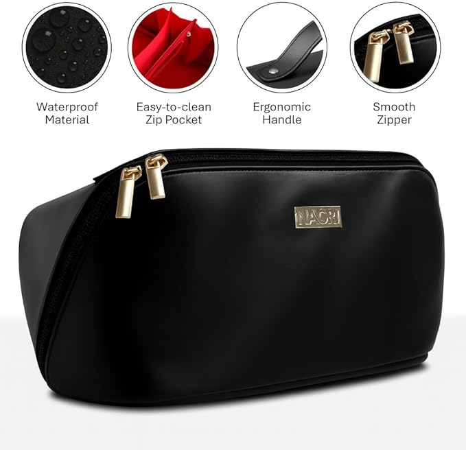 NAORI Travel Makeup Bag for Women | Large Luxury Cosmetic Organizer with Handle & Inner Pockets | Waterproof Faux Leather Toiletry Bag | Makeup Case for Home, Travel & Gifting (Elegant Black)