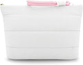 DOB SECHS Quilted Makeup Bag with Handle Detachable Cute Striped Puffy Cotton Cosmetic Bag for Women, Small Puffer Toiletry Zipper Make Up Pouch Clutch Bag Travel Organizer Storage Pouches Case, White