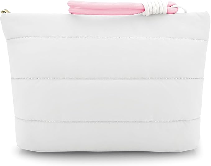 DOB SECHS Quilted Makeup Bag with Handle Detachable Cute Striped Puffy Cotton Cosmetic Bag for Women, Small Puffer Toiletry Zipper Make Up Pouch Clutch Bag Travel Organizer Storage Pouches Case, White