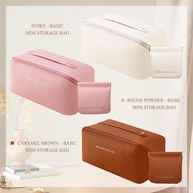 SUILU Makeup Bag Cosmetic Bag,Portable Pouch Open Flat Toiletry Bag Make up Organizer with Divider, Handle and small cosmetic bag Travel Essentials (Ivory)