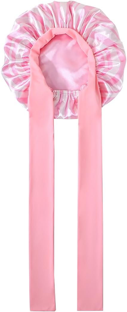 GDTOGRT Satin Silk Bonnet for Sleeping Women, Double Layer Sleep Hair Bonnets Caps for Curly Natural Hair with Tie Band - Pink Stripe