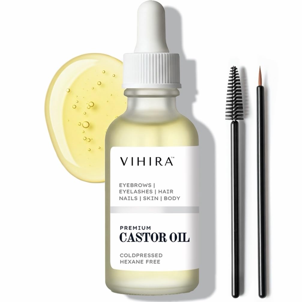 Vihira Organic Golden Castor Oil (16oz | Premium Grade), True Cold Pressed, 100% Pure, Extra Virgin, Hexane Free, for Hair Growth, Eyelash, Eyebrow, Skin, Belly Button, Muscle & Wellness.