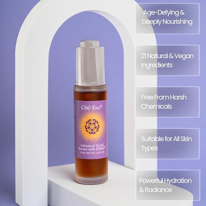 C60 EVO Advanced Facial Serum, Natural Serums for Skin Care with Pure C60 ESS60, Deeply Nourishing and Age-Defying Serum for Face, Facial Serum Infused with 21 Natural and Vegan Ingredients, 1 oz
