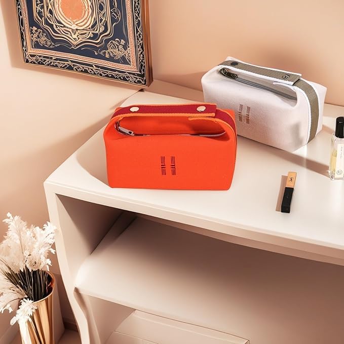 Sluxa Fashion Makeup Bag for Women, Orange Red Canvas Make up Travel Bag,Luxury Cosmetic Bag Organizer for Women(Full updated)