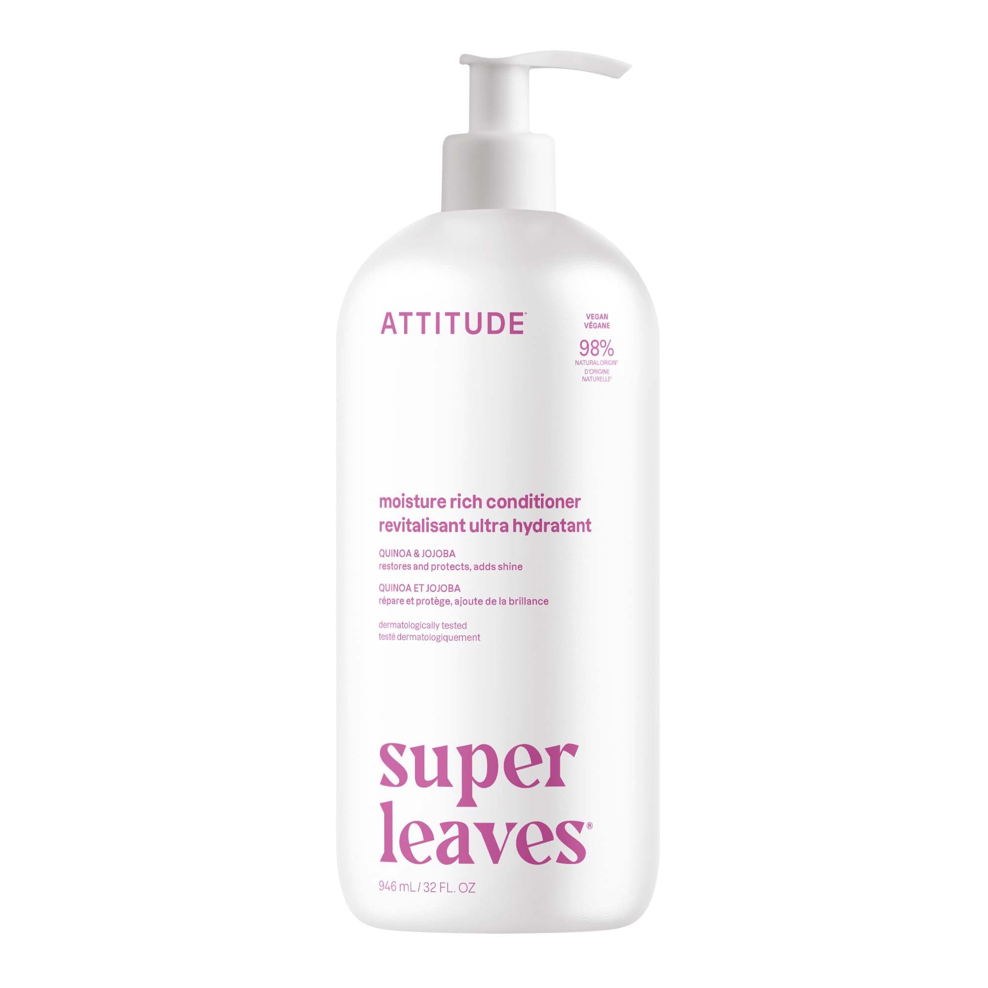 ATTITUDE Moisture Rich Hair Conditioner, For Dry and Damaged Hair, Naturally Derived Ingredients, Vegan Detangler, Dermatologiocally Tested, Quinoa and Jojoba, 32 Fl Oz